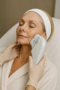 Woman receiving HIFU non surgical facelift treatment Sandbach