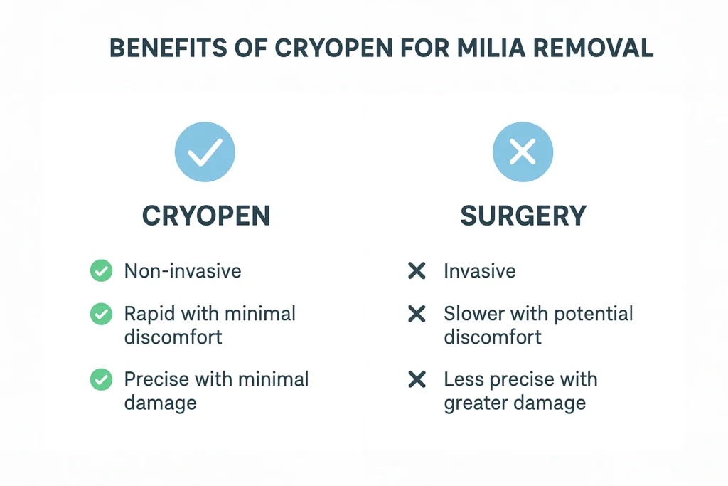 Benefits of cryopen for milia removal Sandbach compared to surgical treatments.