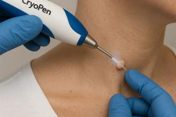 Person receiving cryotherapy Sandbach for skin tag removal