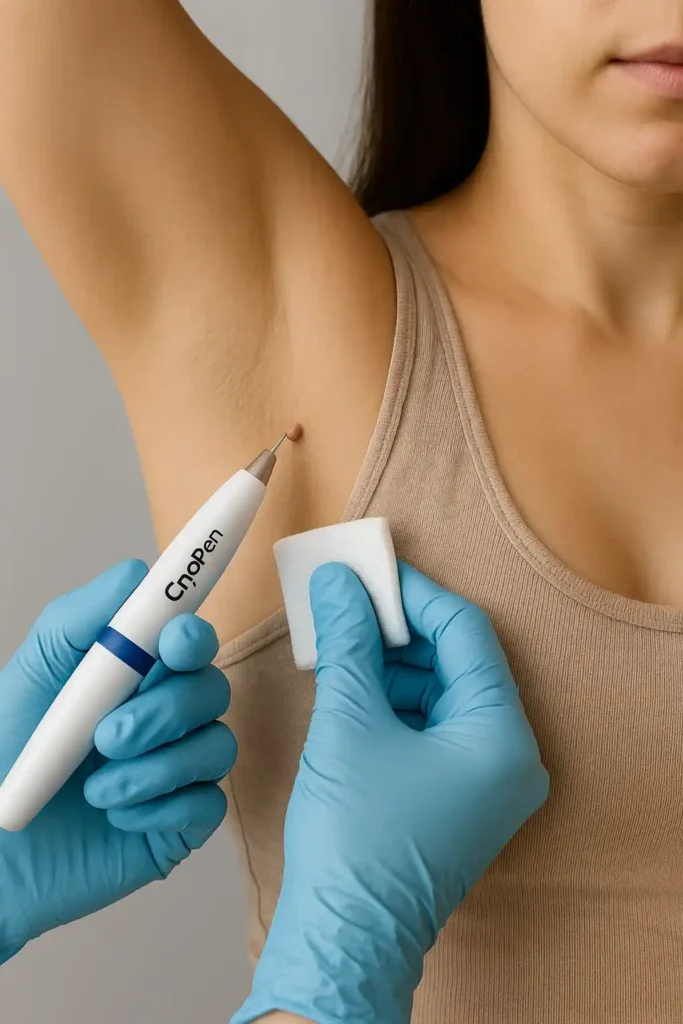 woman having cryopen to remove underarm skin tags Sandbach