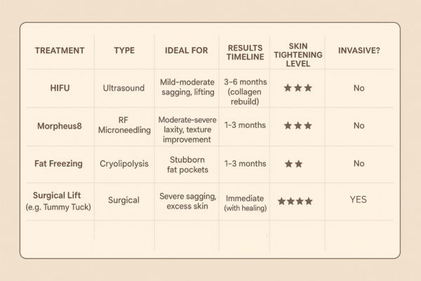 Table showing the comparisons of Skin tightening Sandbach treatment options.